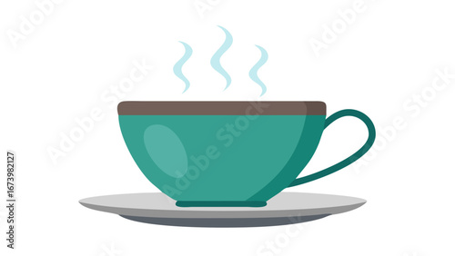 Teal coffee cup with steam and saucer hot drink beverage