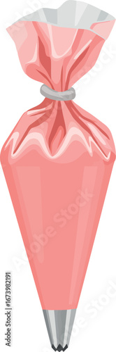 Pastry bag filled with pink frosting and metal tip for cake decorating vector