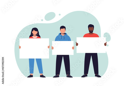 Diverse group of people holding blank signs ready for your message communication and information sharing concept
