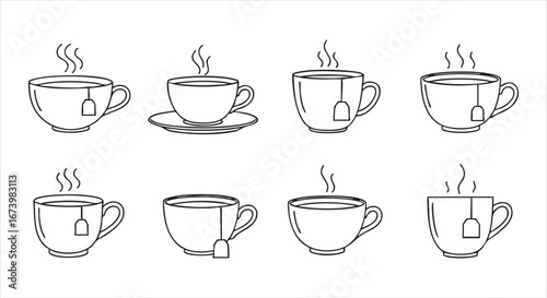 Collection of tea cup illustrations with steam and tea bag, isolated on white background, showcasing various designs and styles in a minimalist art