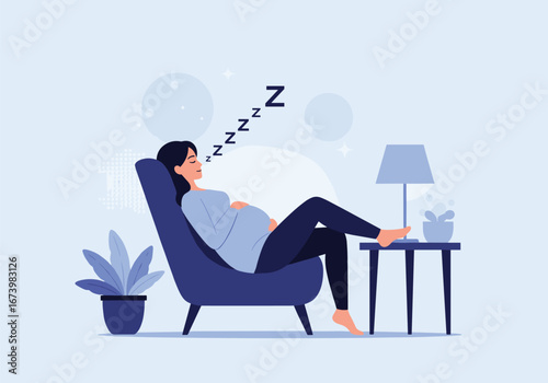 Pregnant woman resting peacefully in a comfortable chair enjoying deep sleep during day