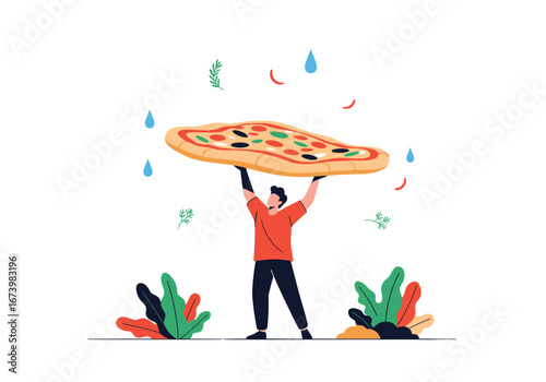 Illustrator demonstrates expertise lifting a large delicious pizza overhead with enthusiasm and joyful celebration