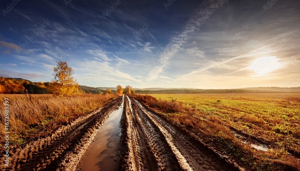 Naklejka premium muddy tracks through autumn field