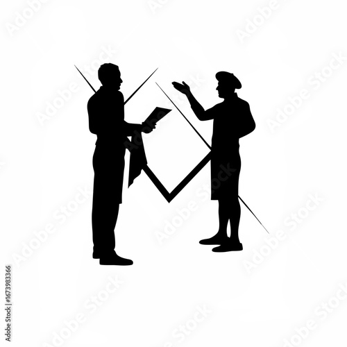 Restaurant inspector discusses safety violations with a chef silhouette isolated on white background