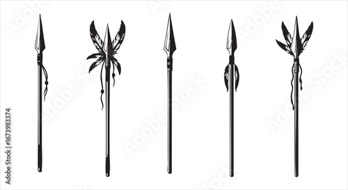 Collection of spears isolated on white background, showcasing various designs with different points and shafts, representing ancient hunting and warfare tools