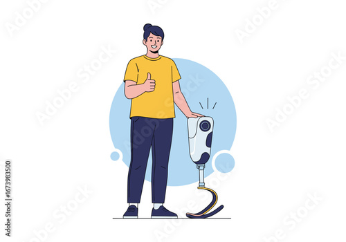 Man with prosthetic leg giving thumbs up standing next to advanced modern limb technology