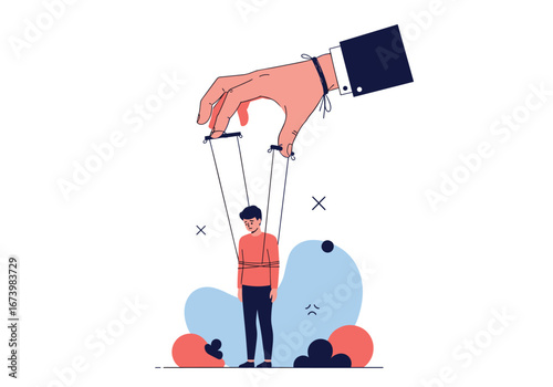 Illustration of a person controlled by a hand like a puppet demonstrating manipulation and control themes