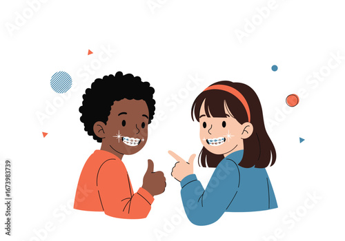 Two young children showing their happy smiles with braces illustrating positive dental health and friendship together