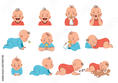 Cute baby expressions and activities exploring development and milestones through playtime and feeding moments