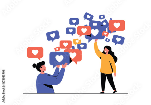 Digital marketing social media engagement concept people interacting with likes and notifications online communication strategy