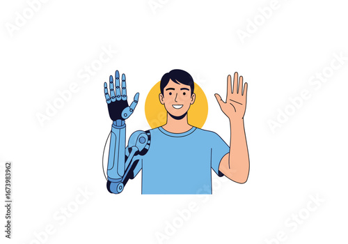 Person with robotic arm enhancing human capabilities for a future of possibilities