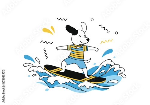 Joyful cartoon dog surfing ocean waves with enthusiastic expression and summer style