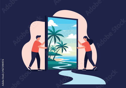 Two people open a door revealing a beautiful tropical beach scene with palm trees and ocean waves under a blue sky