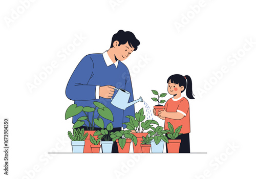 Father and daughter nurturing plants together creating a harmonious family bond outdoors