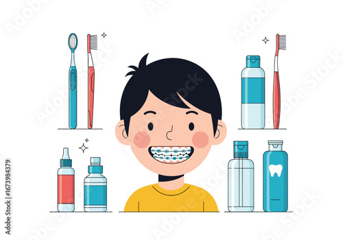 Boy with braces and dental care products promoting oral hygiene and healthy smiles for children