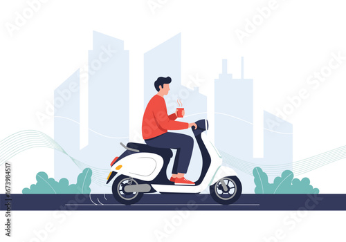 Urban commuter enjoying coffee ride on a modern scooter with cityscape background