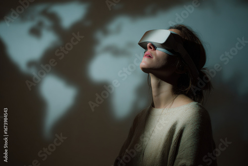 person wearing headphones is immersed in futuristic environment gazing intently at holographic world map projected