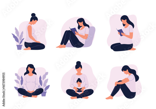 Illustrations of women enjoying reading and relaxation in various poses