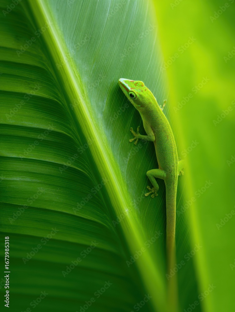 Fototapeta premium A Minimalist Scene Of A Gecko On A Green Leaf