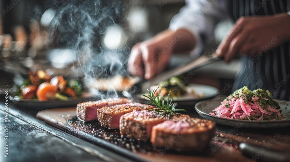 Naklejka premium Chef Preparing Steak with Vegetables and Pasta in Modern Kitchen