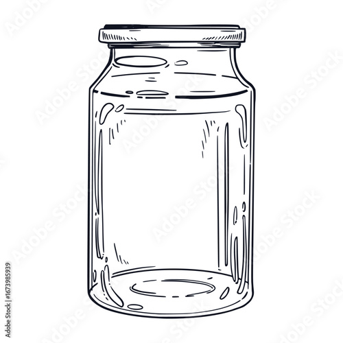Glass jar with lid for storing food for the winter, for storing food. Everything is hand-drawn in ink. The illustration is suitable for printing on product packaging, printing on fabric, paper.