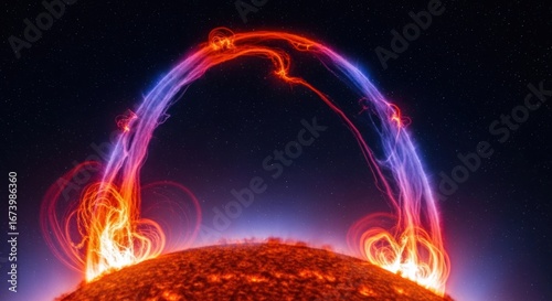 Solar flare loops, vibrant red & blue, arching against a dark star-filled backdrop