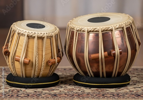 Intricate tabla percussion instruments, studio setting and ornamental rugs