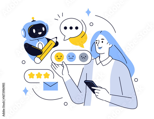 Woman holding smartphone and using artificial intelligence to give review, feedback, customer satisfaction rating, quality. User experience concept. Vector illustration.