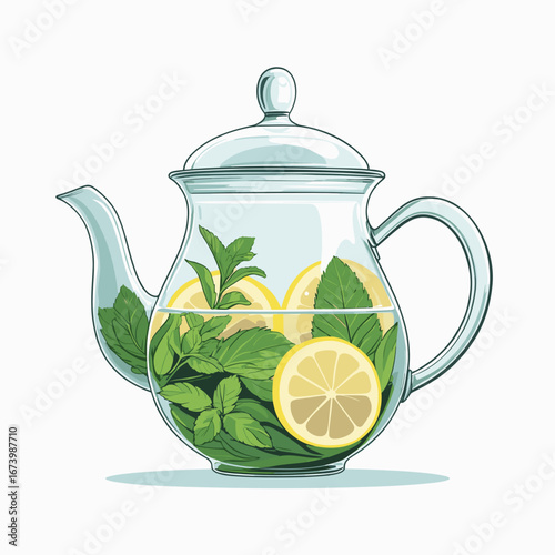 Glass teapot with lemon slices and fresh mint leaves_herbal tea in glass pot  