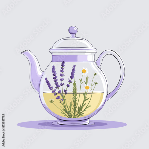 Glass teapot with lavender and chamomile tea on grey background_herbal tea in glass pot  