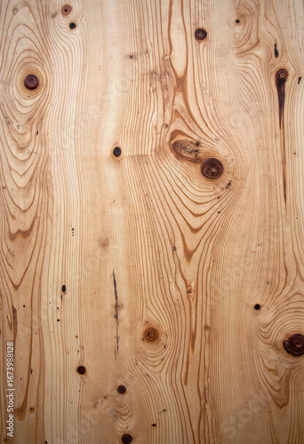 A detailed top-down view of a rustic, light-colored wooden surface, showcasing the natural grain patterns and dark knots for a warm, organic background.

