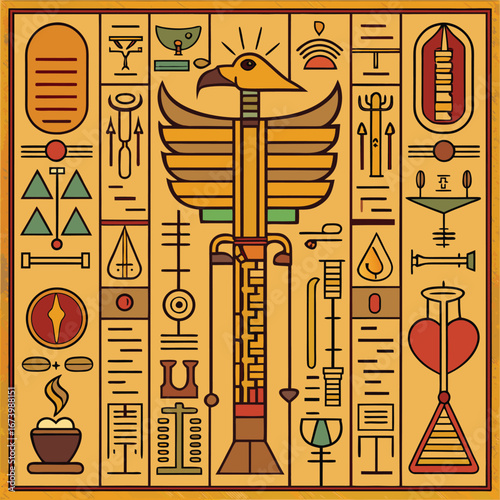 Detailed ancient egyptian hieroglyphics illustration