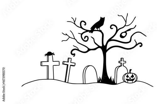 Spooky Halloween Graveyard Scene with Crow, Pumpkins and Tombstones Vector Illustration