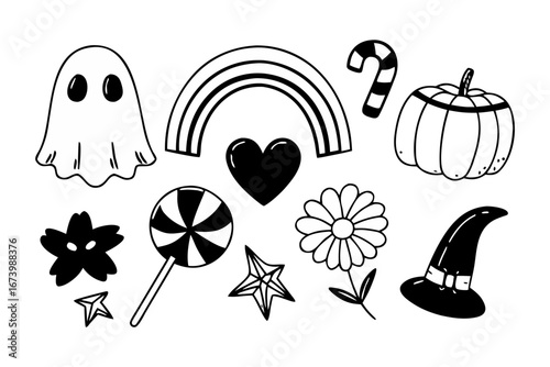 Collection of adorable Halloween-themed doodles, including a cute ghost, rainbow, heart, candy cane, pumpkin, flower, witch's hat, and lollipop