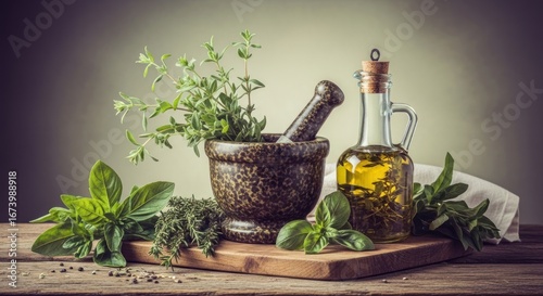 Still life of herbs, mortar/pestle, and oil on a wooden board