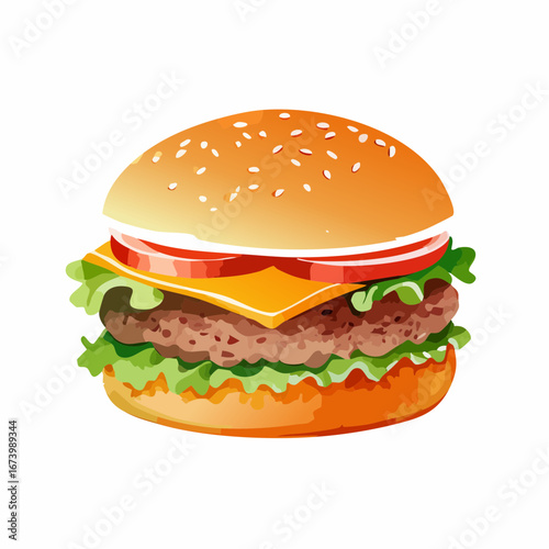 Juicy Cheeseburger with Sesame Seed Bun on White Background
