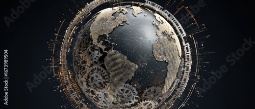 Intricate Mechanical Earth Globe with Gears and Digital Networks.