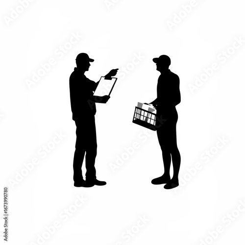 Inspector interviewing food supplier silhouette isolated on white background