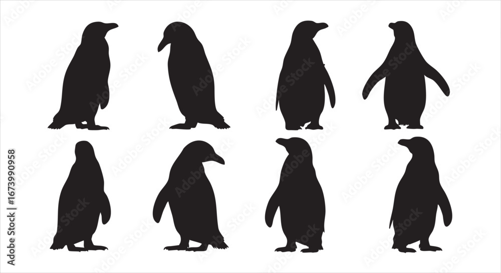 Obraz premium Silhouette of penguins in various poses isolated on white background, showcasing their unique waddle and charming presence in the antarctic landscape