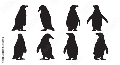 Silhouette of penguins in various poses isolated on white background, showcasing their unique waddle and charming presence in the antarctic landscape