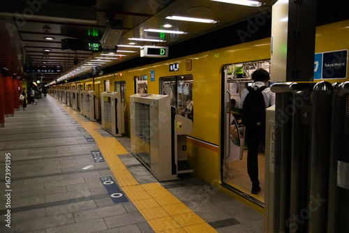 Train railway metro Ginza line running for sending received japanese people and foreign travelers passengers journey travel visit in tokyo between Asakusa and Shibuya on July 25, 2025 in Kanto, Japan