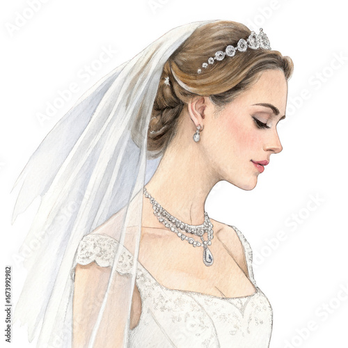 3d elegant bride in wedding gown with veil and jewelry transparent background