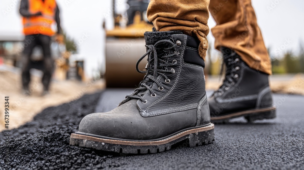 Close-up of a person's work boots on freshly laid asphalt, with construction workers and equipment in the background. Close-up of a person's work boots on freshly laid asphalt, with construction workers and equipment in the background.