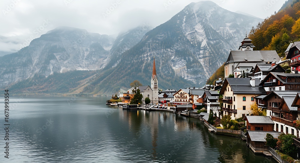 Fototapeta premium Picturesque Alpine Lake Village.