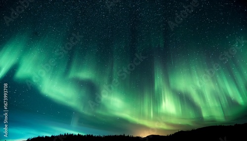 classic comic wallpaper of aurora borealis with neon greens and halftone stars in the sky