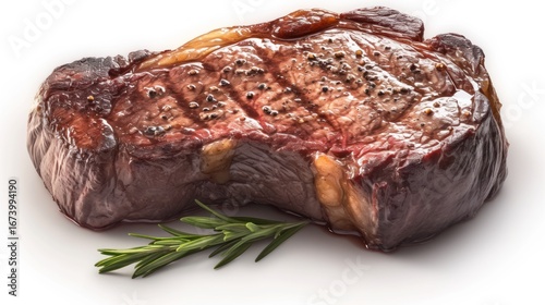 Deliciously seared steak with rosemary sprig on a white backdrop