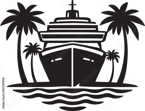 Black silhouette of a cruise ship between palm trees on water