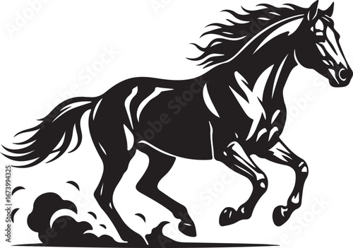 Black silhouette of a galloping horse with flowing mane and tail