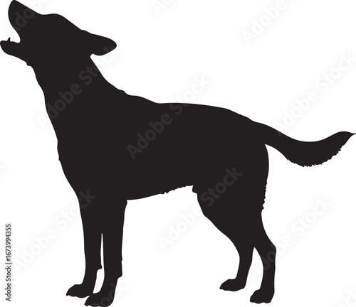 Black silhouette of a dog howling on a white background