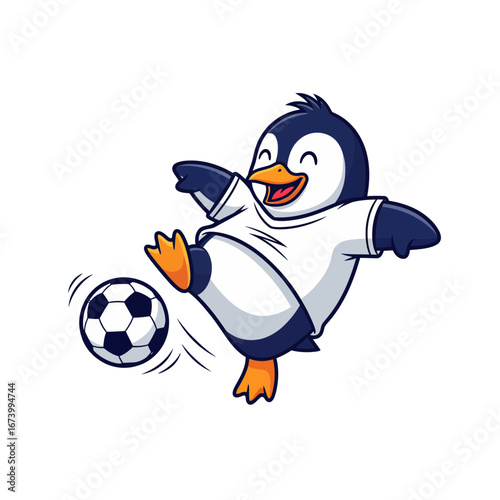 Happy penguin mascot in a white jersey energetically kicking a soccer ball, vector illustration for a sports team logo